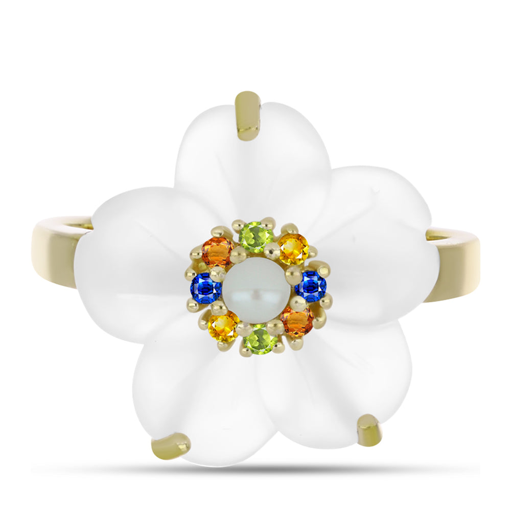 Arannyal Bevont Ezüst Gyűrű Szivárvány Zafírral és Fehér Édesvízi Kagylógyönggyel 1 