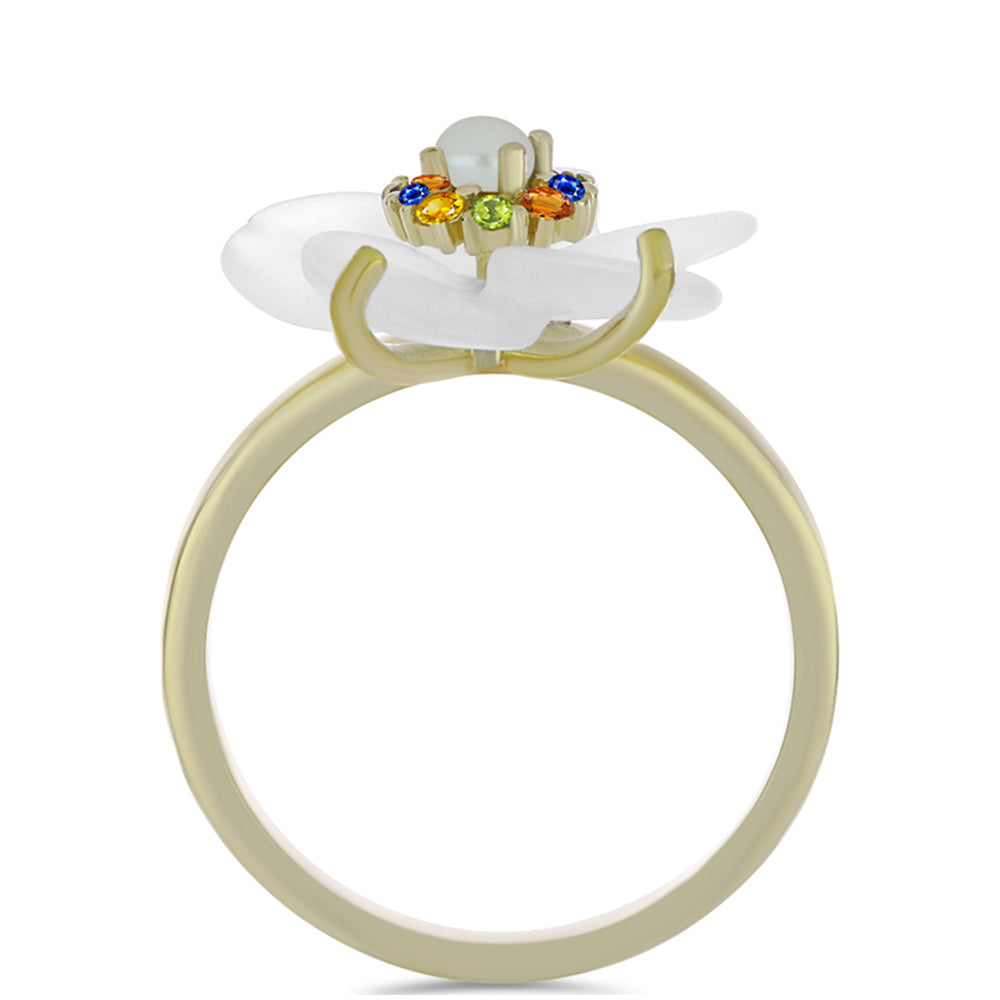 Arannyal Bevont Ezüst Gyűrű Szivárvány Zafírral és Fehér Édesvízi Kagylógyönggyel 2 