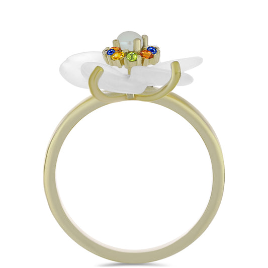 Arannyal Bevont Ezüst Gyűrű Szivárvány Zafírral és Fehér Édesvízi Kagylógyönggyel