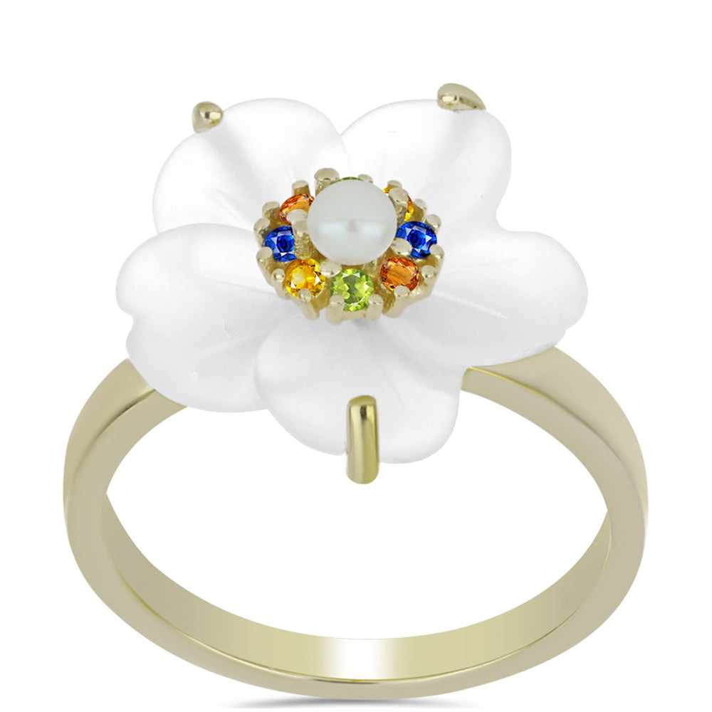 Arannyal Bevont Ezüst Gyűrű Szivárvány Zafírral és Fehér Édesvízi Kagylógyönggyel