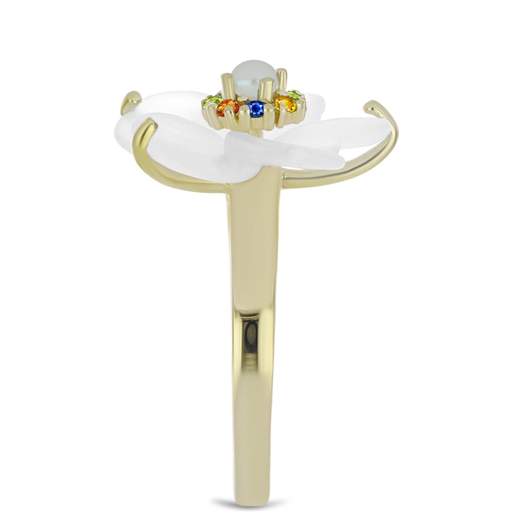 Arannyal Bevont Ezüst Gyűrű Szivárvány Zafírral és Fehér Édesvízi Kagylógyönggyel 4 