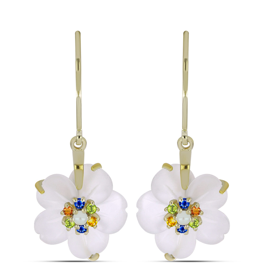 Arannyal Bevont Ezüst Fülbevaló Szivárvány Zafírral és Fehér Édesvízi Kagylógyönggyel 1 