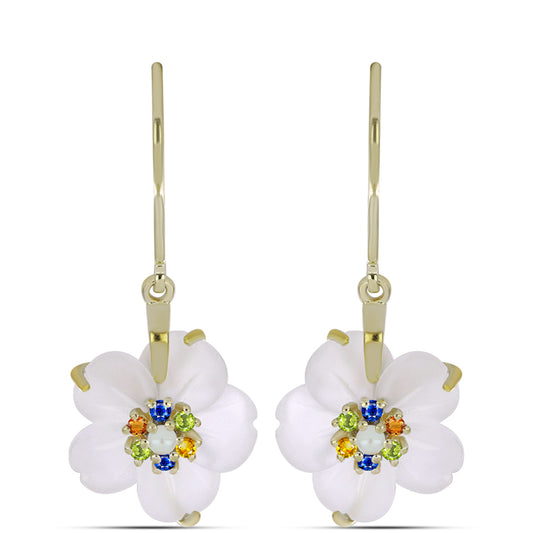 Arannyal Bevont Ezüst Fülbevaló Szivárvány Zafírral és Fehér Édesvízi Kagylógyönggyel