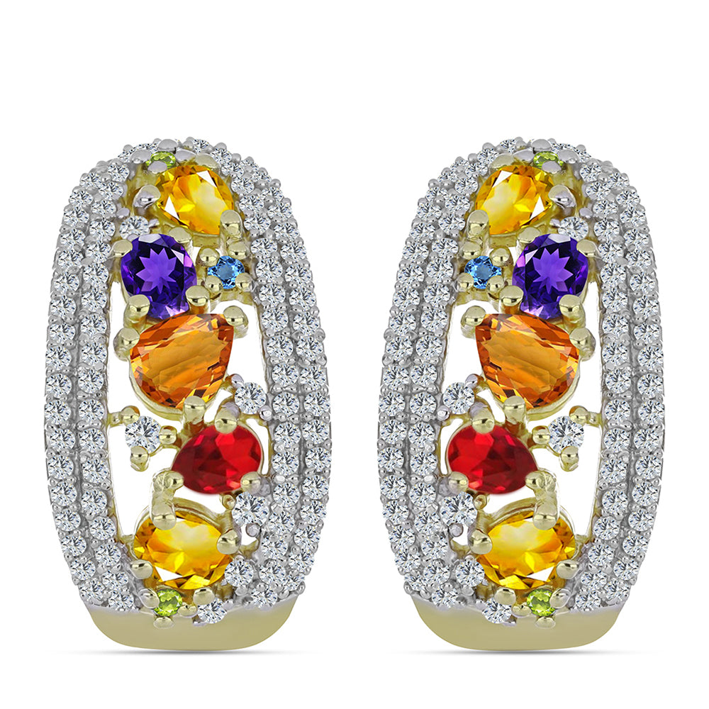 Arannyal Bevont Ezüst Fülbevaló Szivárvány Zafírral és Fehér Topázzal