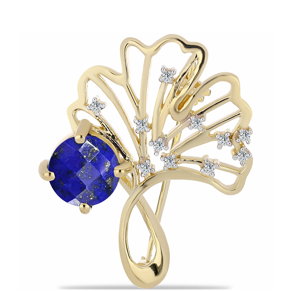Arannyal Bevont Ezüst Bross Lapisz Lazulival és Fehér Topázzal
