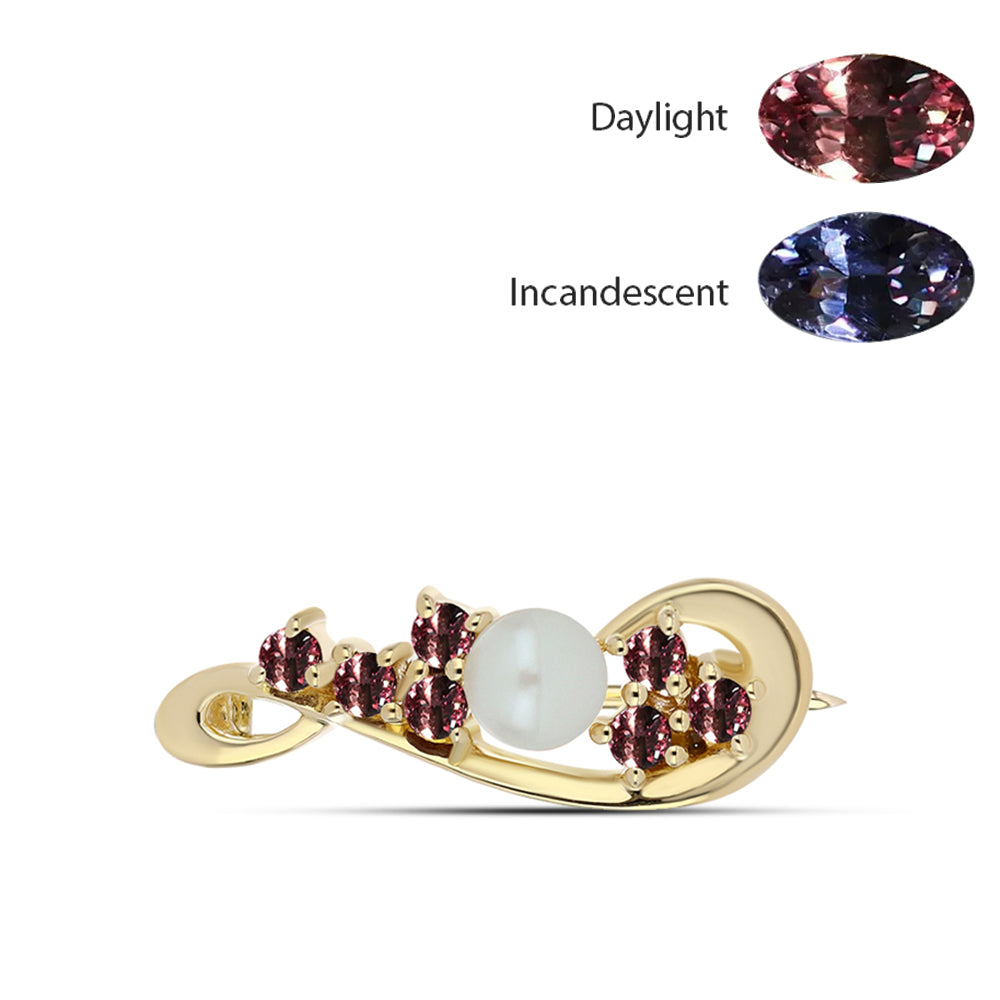 Arannyal Bevont Ezüst Bross Tsivory Színváltós Gránáttal és Fehér Édesvízi Kagylógyönggyel 1 