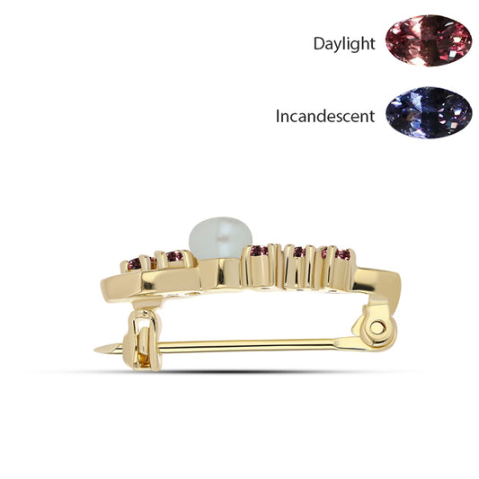 Arannyal Bevont Ezüst Bross Tsivory Színváltós Gránáttal és Fehér Édesvízi Kagylógyönggyel