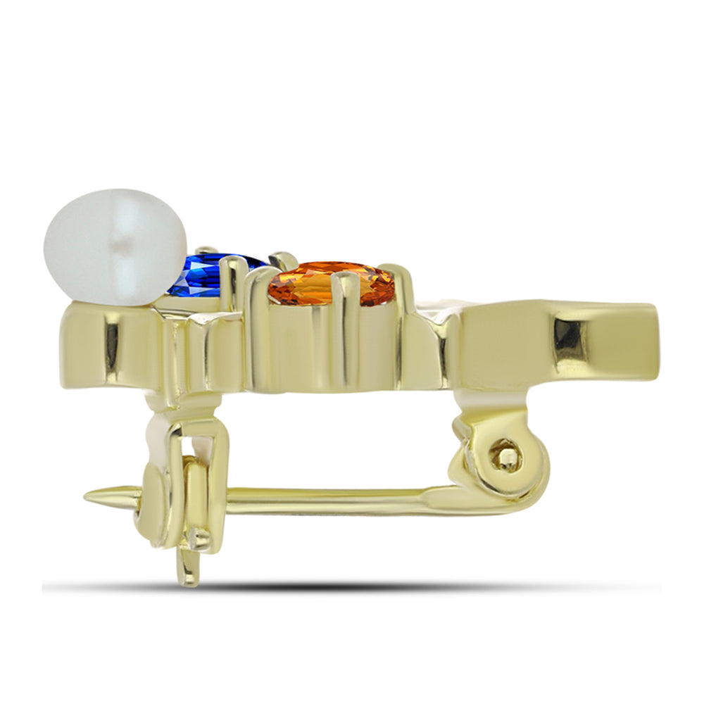 Arannyal Bevont Ezüst Bross Szivárvány Zafírral és Fehér Édesvízi Kagylógyönggyel