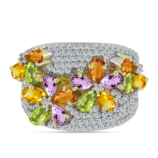 Arannyal Bevont Ezüst Gyűrű Szivárvány Zafírral és Fehér Topázzal