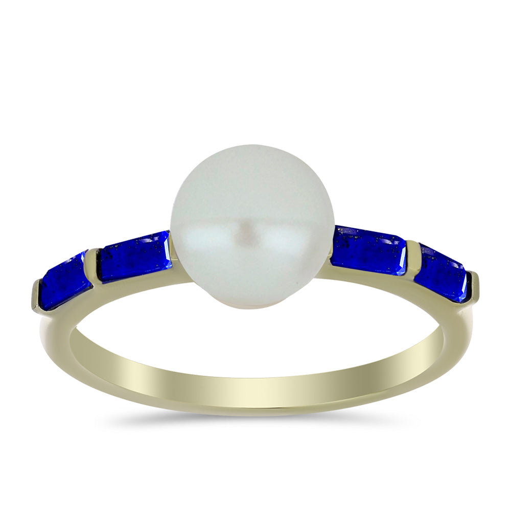 Arannyal Bevont Ezüst Gyűrű Lapisz Lazulival és Fehér Édesvízi Kagylógyönggyel