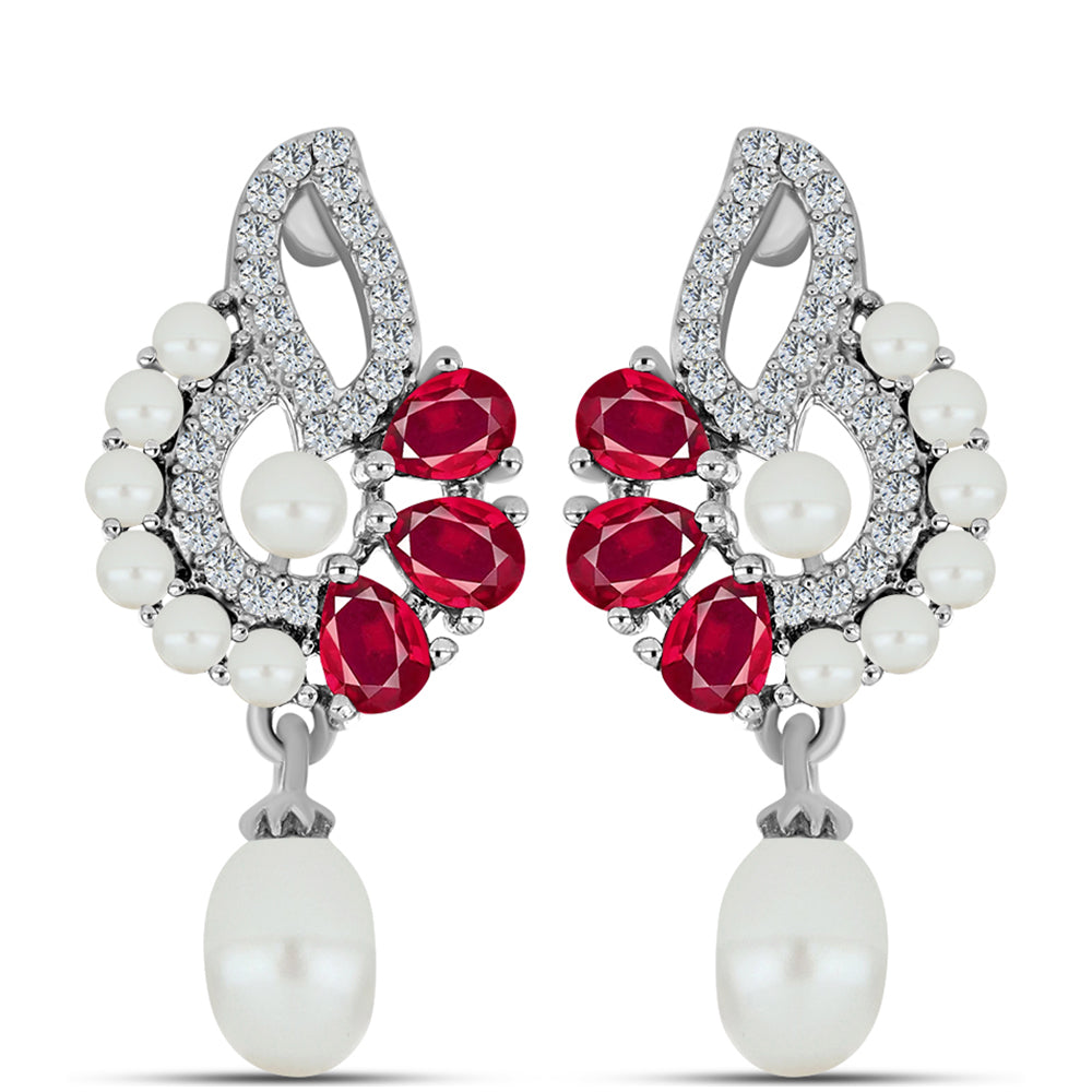 Ezüst Fülbevaló Madagaszkári Rubinnal és Fehér Édesvízi Kagylógyönggyel 1 