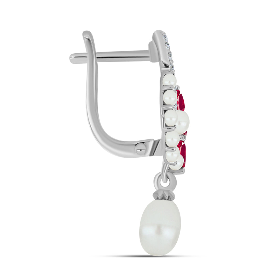 Ezüst Fülbevaló Madagaszkári Rubinnal és Fehér Édesvízi Kagylógyönggyel 2 