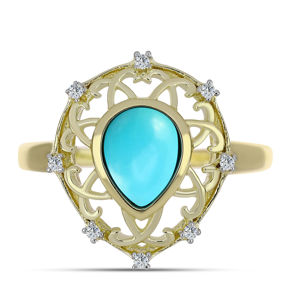 Arannyal Bevont Ezüst Gyűrű Csipkerózsika Türkizzel és Fehér Topázzal