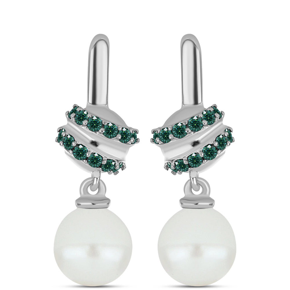 Ezüst Fülbevaló Zöldes Tengerkék Moissanite-tal és Fehér Édesvízi Kagylógyönggyel 1 