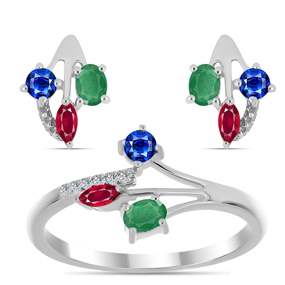 Ezüst Szett Madagaszkári Rubinnal és Brazil Smaragddal ( Fülbevaló+Gyűrű ) 1 