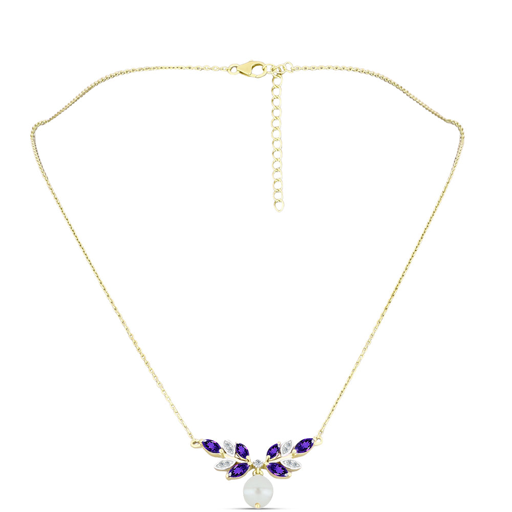 Arannyal Bevont Ezüst Nyaklánc Marokkói Ametiszttel és Fehér Édesvízi Kagylógyönggyel 1 