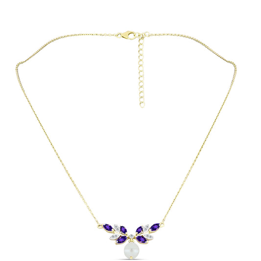 Arannyal Bevont Ezüst Nyaklánc Marokkói Ametiszttel és Fehér Édesvízi Kagylógyönggyel