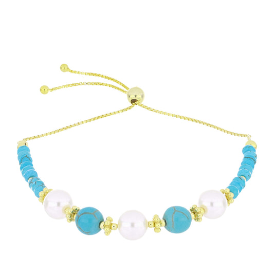 Arannyal Bevont Ezüst Karkötő Csipkerózsika Türkizzel és Fehér Édesvízi Kagylógyönggyel