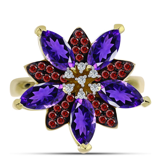 Arannyal Bevont Ezüst Gyűrű Marokkói Ametiszttel és Barton Gránáttal