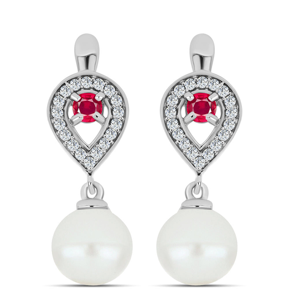 Ezüst Fülbevaló Madagaszkári Rubinnal és Fehér Édesvízi Kagylógyönggyel 1 