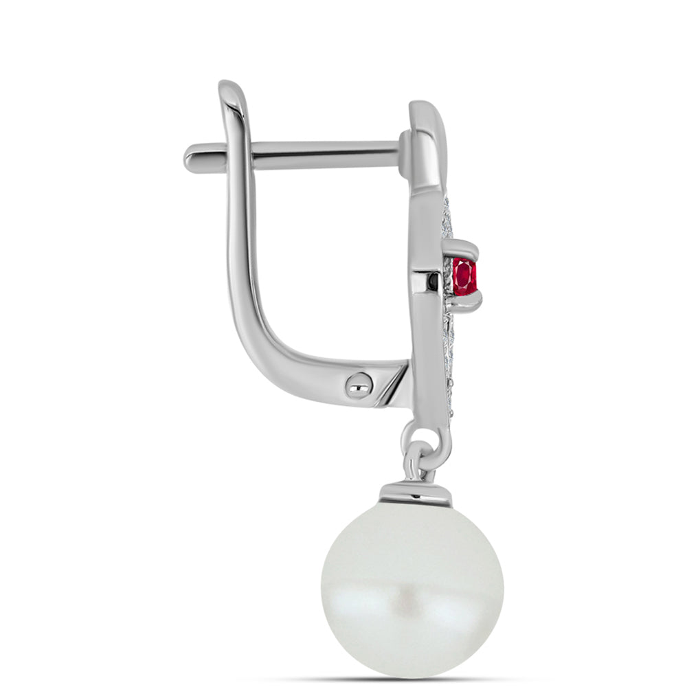 Ezüst Fülbevaló Madagaszkári Rubinnal és Fehér Édesvízi Kagylógyönggyel 2 