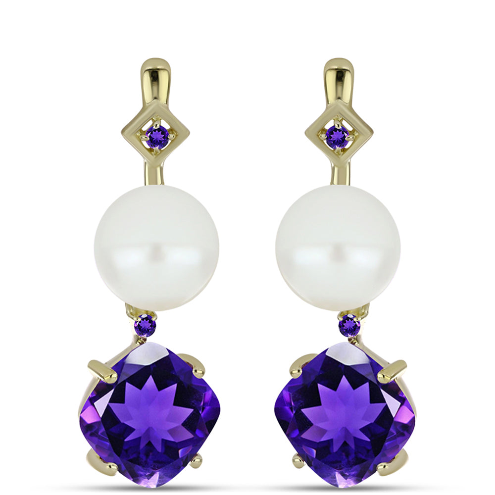 Arannyal Bevont Ezüst Fülbevaló Marokkói Ametiszttel és Fehér Édesvízi Kagylógyönggyel 1 