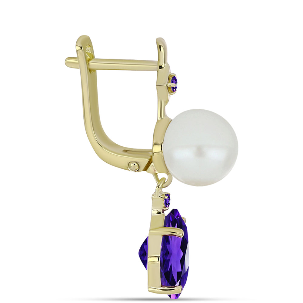 Arannyal Bevont Ezüst Fülbevaló Marokkói Ametiszttel és Fehér Édesvízi Kagylógyönggyel 2 