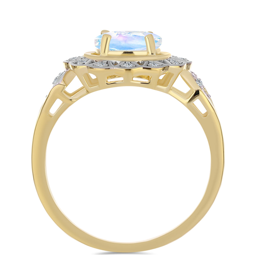 Arannyal Bevont Ezüst Gyűrű Szivárvány Holdkővel és Fehér Topázzal