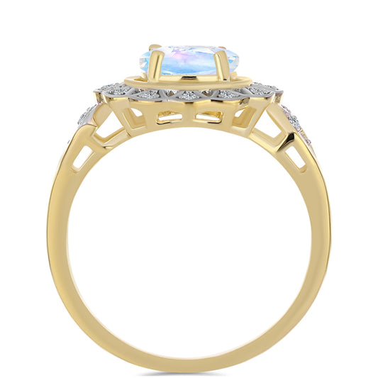 Arannyal Bevont Ezüst Gyűrű Szivárvány Holdkővel és Fehér Topázzal