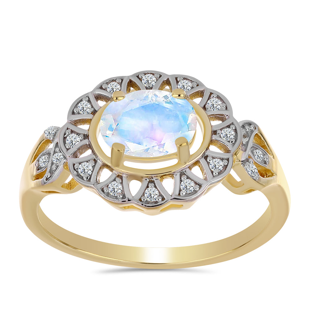 Arannyal Bevont Ezüst Gyűrű Szivárvány Holdkővel és Fehér Topázzal
