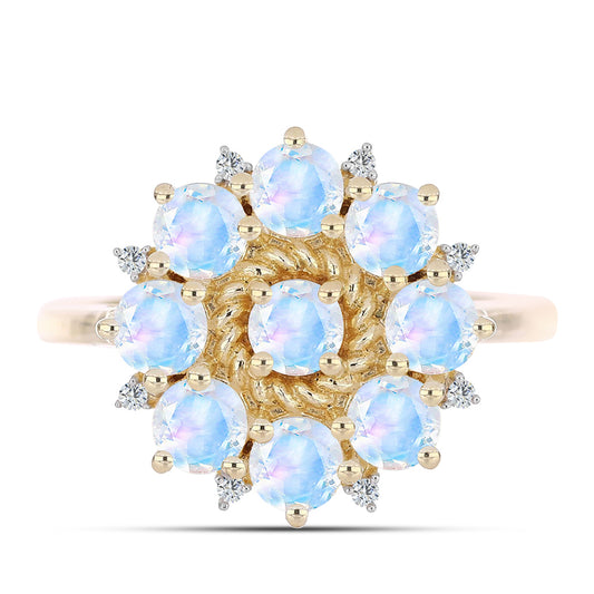 Arannyal Bevont Ezüst Gyűrű Szivárvány Holdkővel és Fehér Topázzal