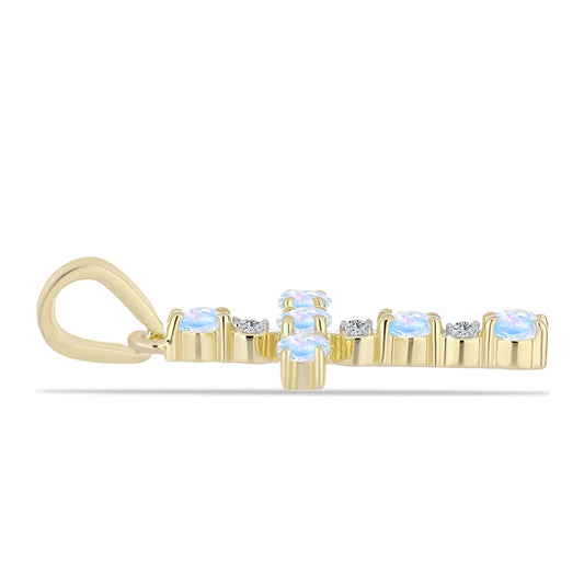 Kereszt Arannyal Bevont Ezüst Medál Szivárvány Holdkővel és Fehér Topázzal