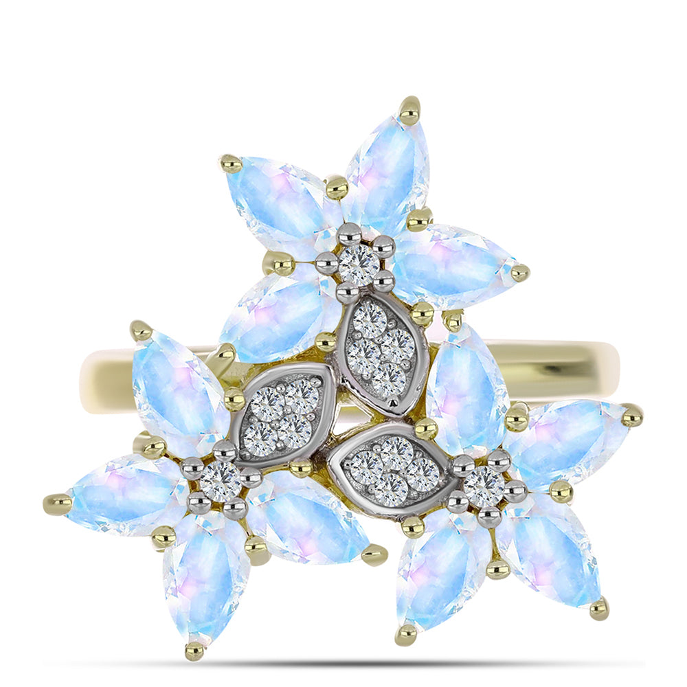 Arannyal Bevont Ezüst Gyűrű Szivárvány Holdkővel és Fehér Topázzal 1 