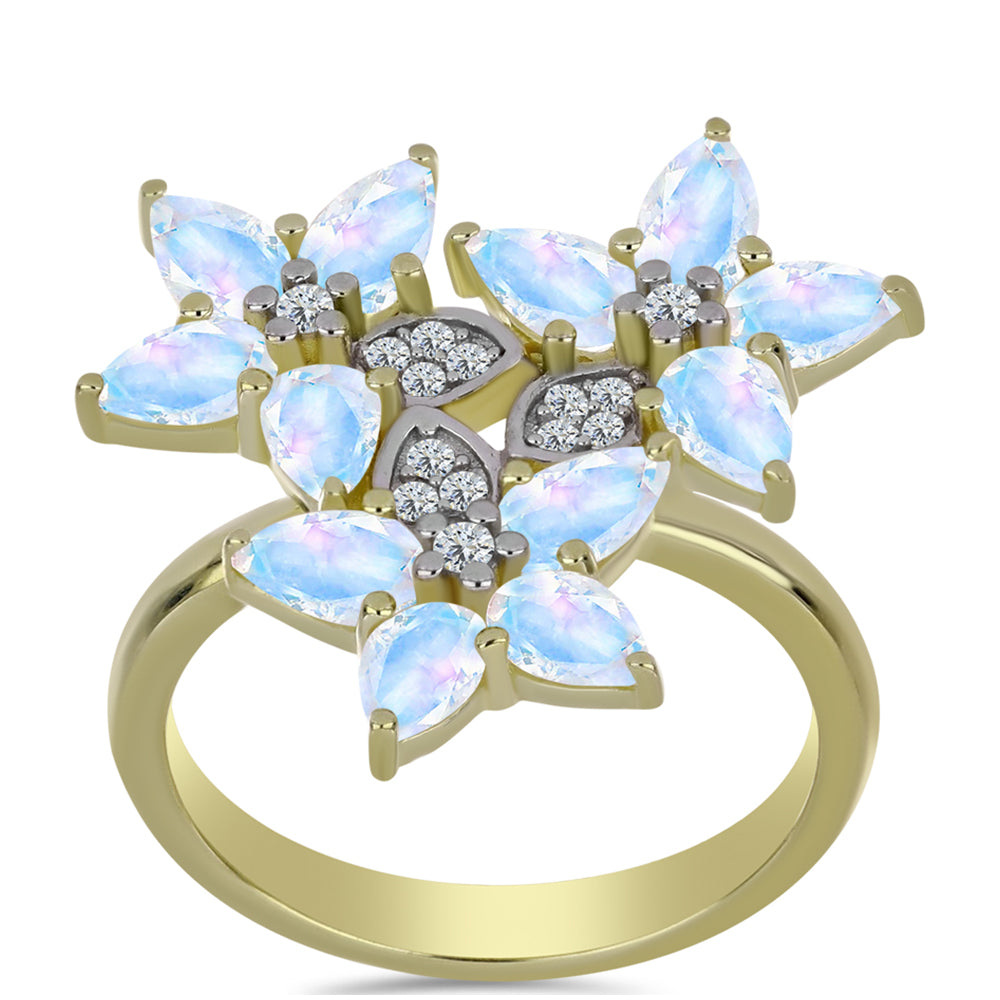 Arannyal Bevont Ezüst Gyűrű Szivárvány Holdkővel és Fehér Topázzal