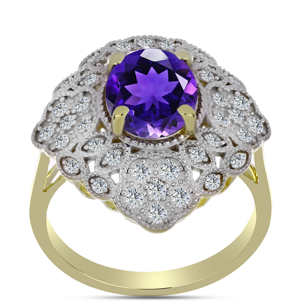 Arannyal Bevont Ezüst Gyűrű Marokkói Ametiszttel és Fehér Topázzal