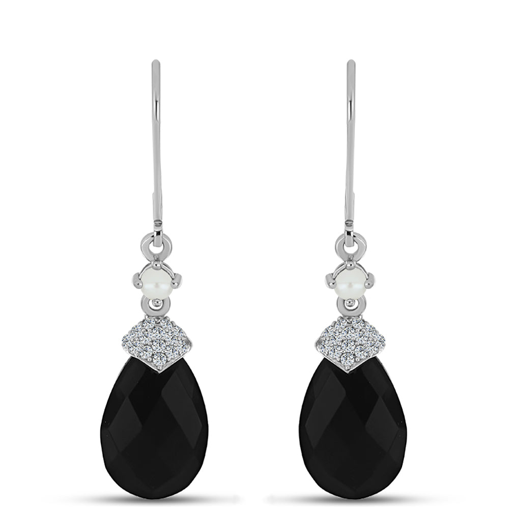 Ezüst Fülbevaló Obszidiánnal és Fehér Édesvízi Kagylógyönggyel 1 