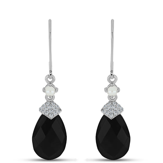 Ezüst Fülbevaló Obszidiánnal és Fehér Édesvízi Kagylógyönggyel