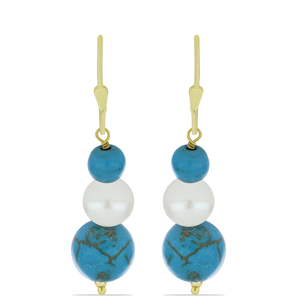 Arannyal Bevont Ezüst Fülbevaló Csipkerózsika Türkizzel és Fehér Édesvízi Kagylógyönggyel 1 