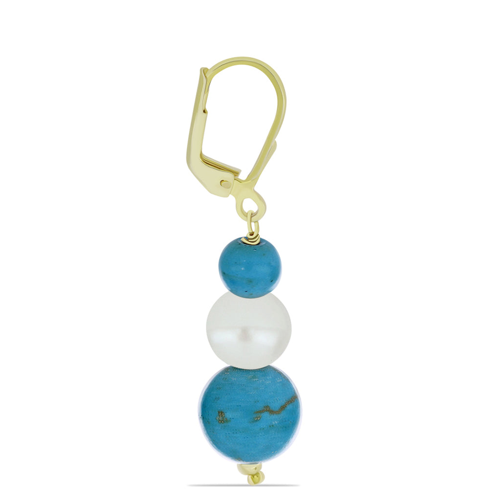 Arannyal Bevont Ezüst Fülbevaló Csipkerózsika Türkizzel és Fehér Édesvízi Kagylógyönggyel 2 