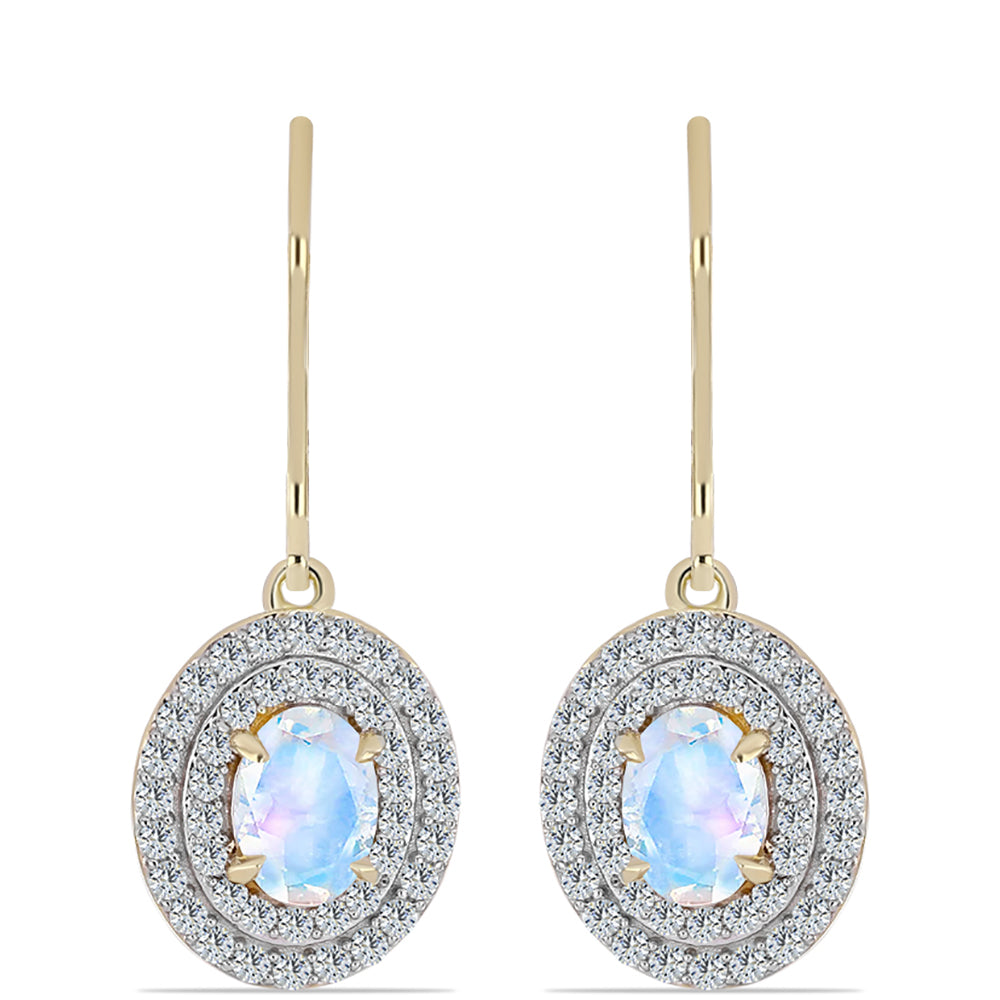 Arannyal Bevont Ezüst Fülbevaló Szivárvány Holdkővel és Fehér Topázzal