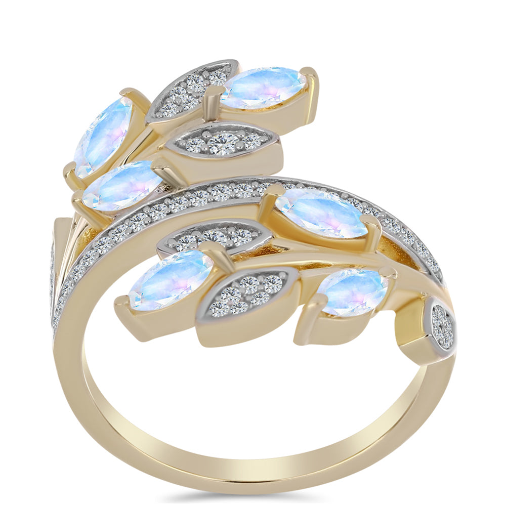 Arannyal Bevont Ezüst Gyűrű Szivárvány Holdkővel és Fehér Topázzal 3 