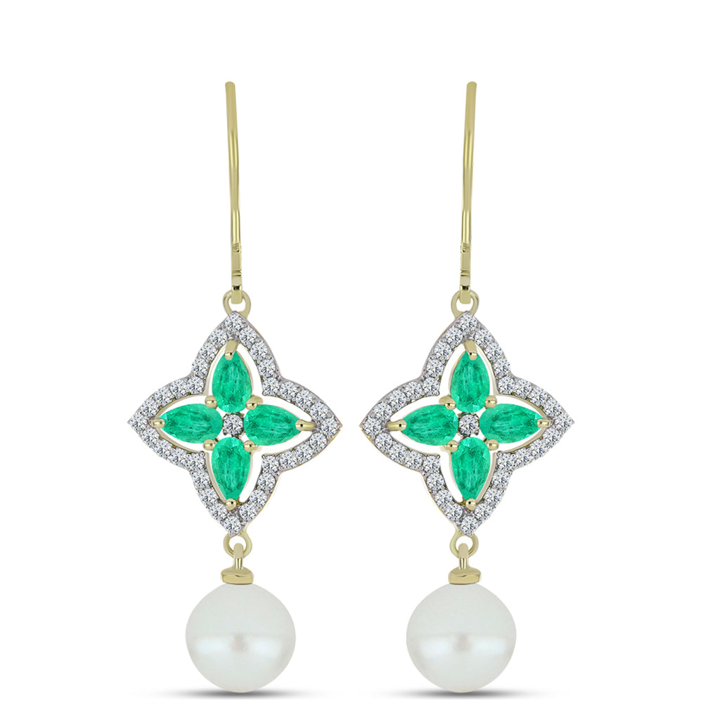 Arannyal Bevont Ezüst Fülbevaló Kolumbiai Smaragddal és Fehér Édesvízi Kagylógyönggyel