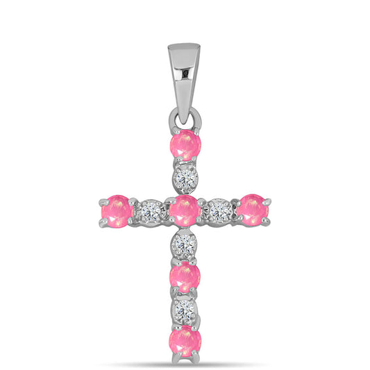 Kereszt Ezüst Medál Rózsaszínű Opállal és Fehér Topázzal