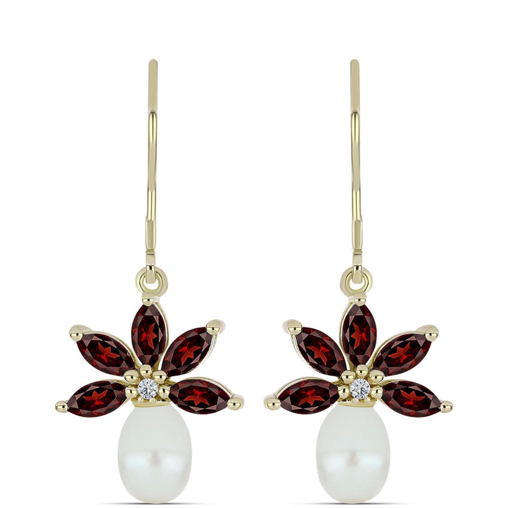 Arannyal Bevont Ezüst Fülbevaló Barton Gránáttal és Fehér Édesvízi Kagylógyönggyel