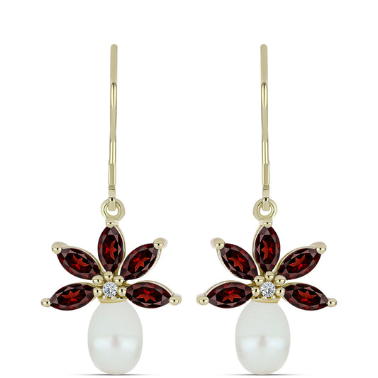 Arannyal Bevont Ezüst Fülbevaló Barton Gránáttal és Fehér Édesvízi Kagylógyönggyel