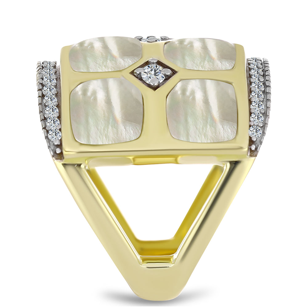 Arannyal Bevont Ezüst Gyűrű Gyöngyházzal és Fehér Topázzal 4 