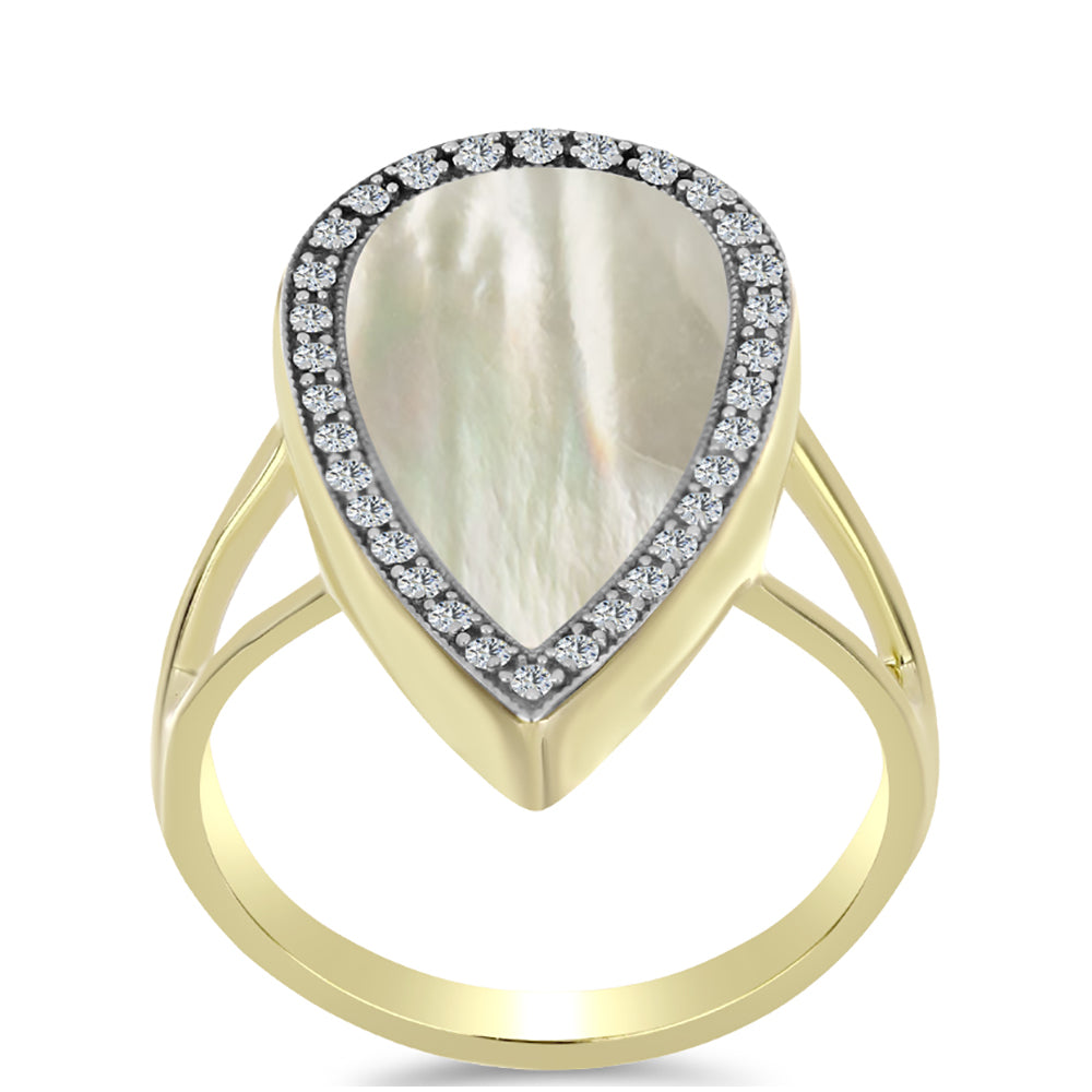 Arannyal Bevont Ezüst Gyűrű Gyöngyházzal és Fehér Topázzal