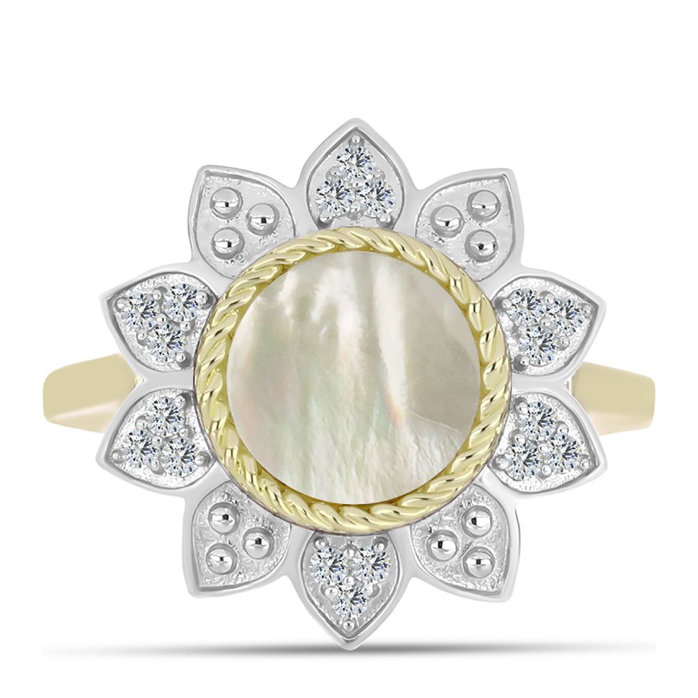 Arannyal Bevont Ezüst Gyűrű Gyöngyházzal és Fehér Topázzal