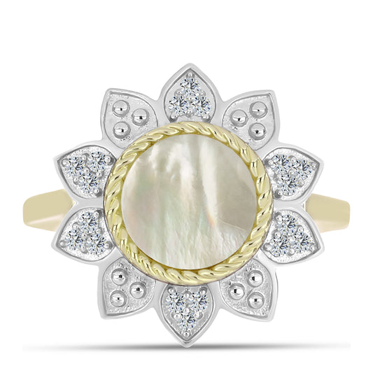 Arannyal Bevont Ezüst Gyűrű Gyöngyházzal és Fehér Topázzal