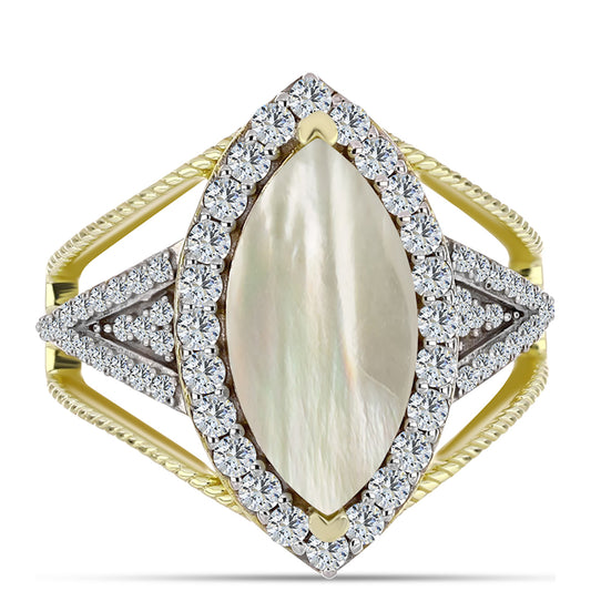 Arannyal Bevont Ezüst Gyűrű Gyöngyházzal és Fehér Topázzal